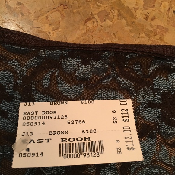 NWT Joseph Ribkoff Brown/Blue Lined Lace Overlay Top With Feathered Cuffs - Picture 4 of 8